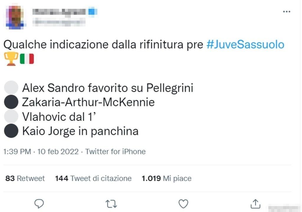 Tweet Juventus Sassuolo