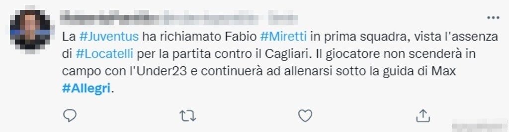 Tweet Cagliari Juventus 